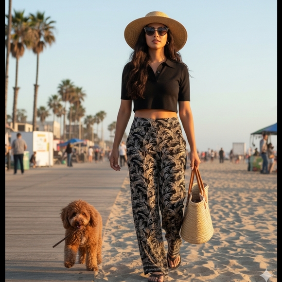 Black Tropical Palazzo Flowy Cropped Pants S-M Taupe Print w/ Pockets! - Picture 4 of 13